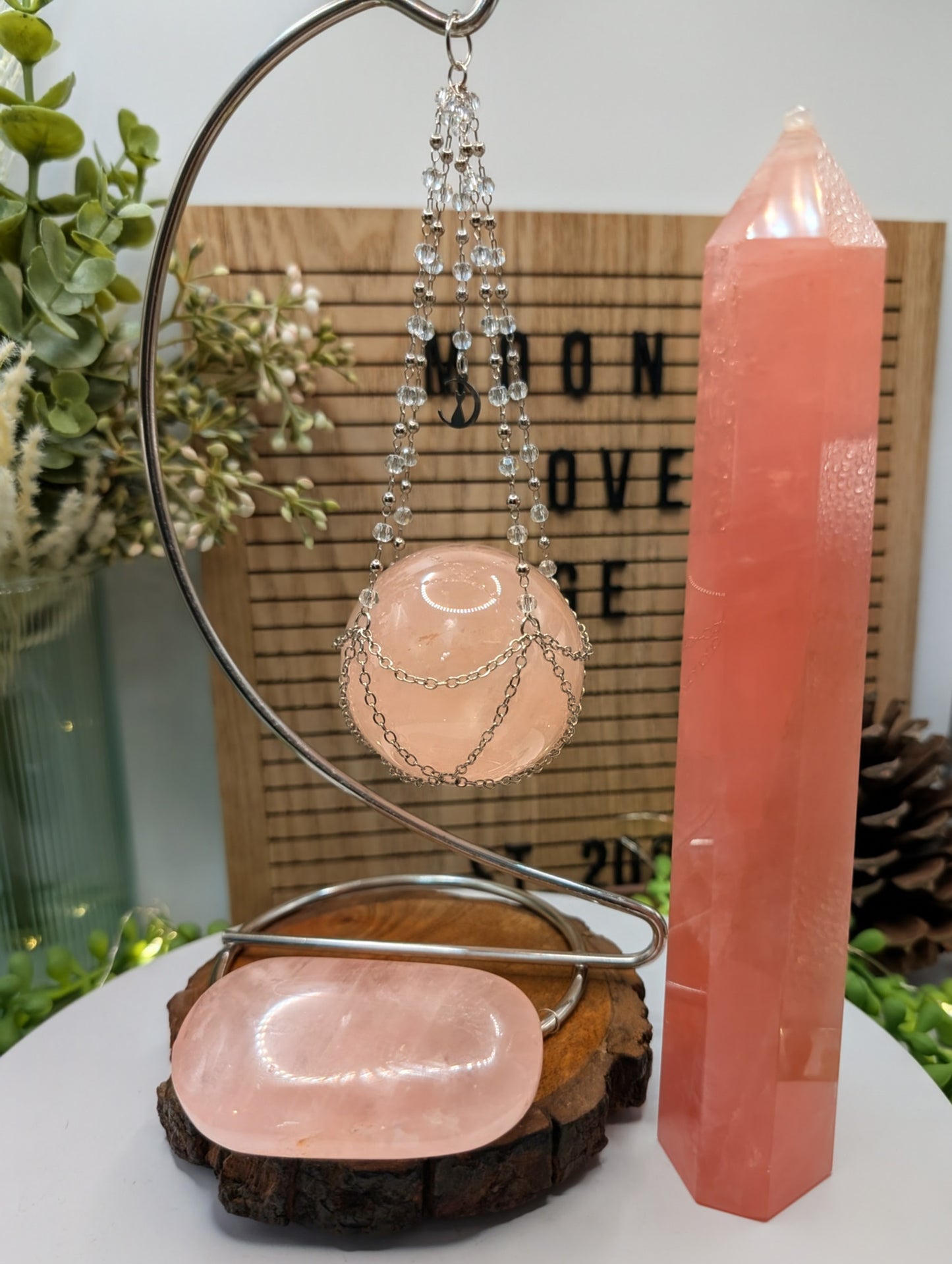 Star Rose Quartz Sphere, Tower & Palm Stone Bundle - With Stand