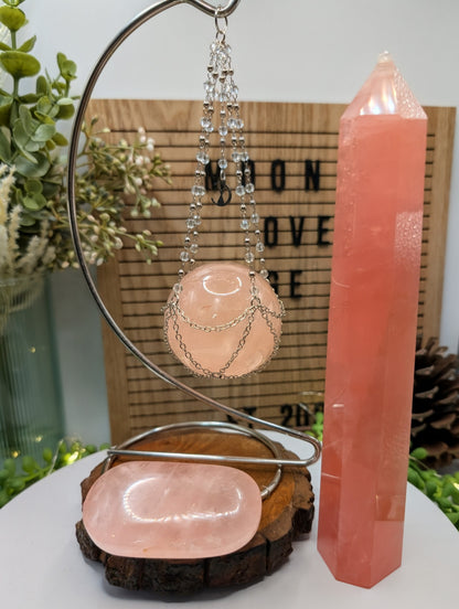 Star Rose Quartz Sphere, Tower & Palm Stone Bundle - With Stand