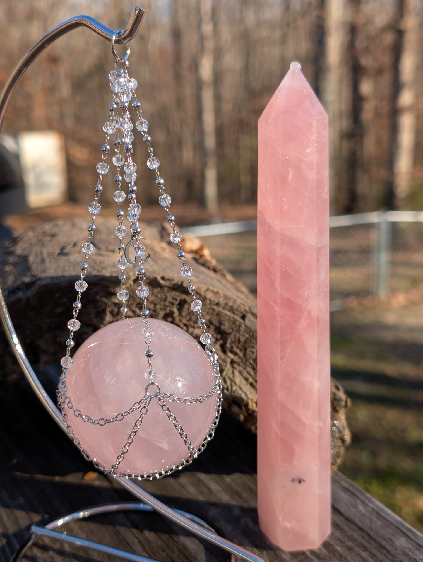 Star Rose Quartz Sphere, Tower & Palm Stone Bundle - With Stand