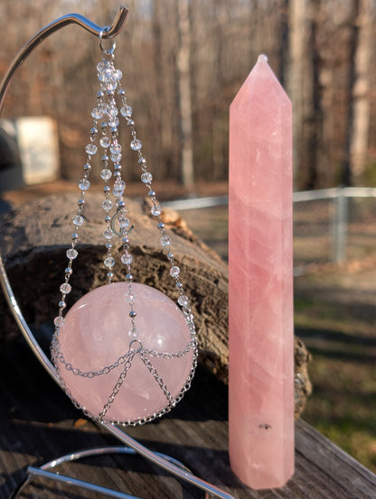 Star Rose Quartz Sphere, Tower & Palm Stone Bundle - With Stand