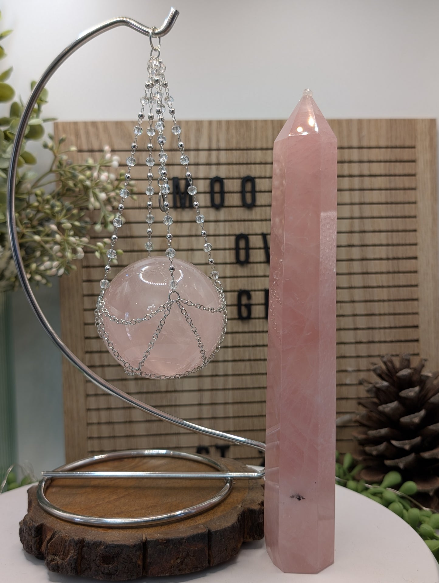 Star Rose Quartz Sphere, Tower & Palm Stone Bundle - With Stand