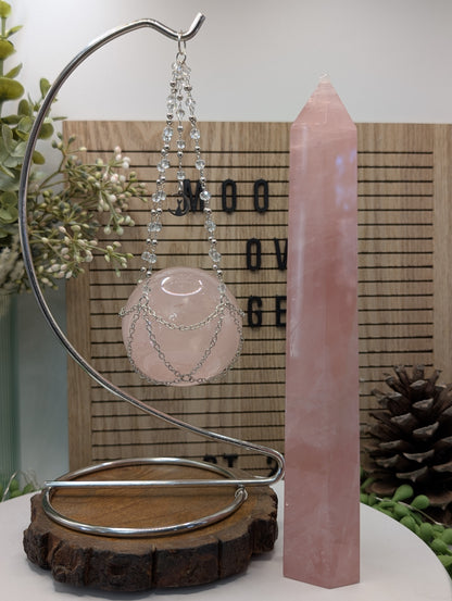 Star Rose Quartz Sphere, Tower & Palm Stone Bundle - With Stand