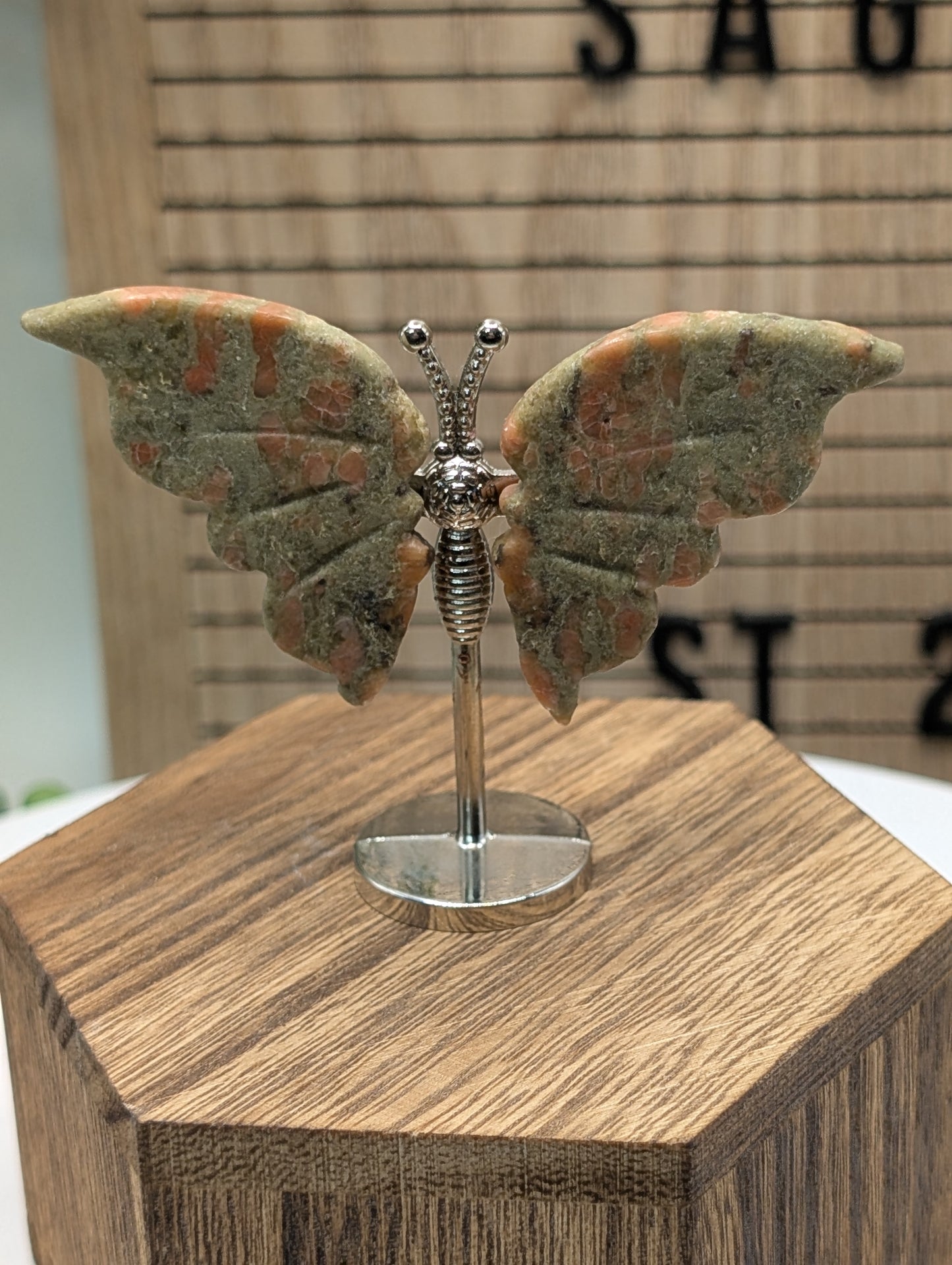 Natural Stone Butterfly Sculpture On Silver Stand