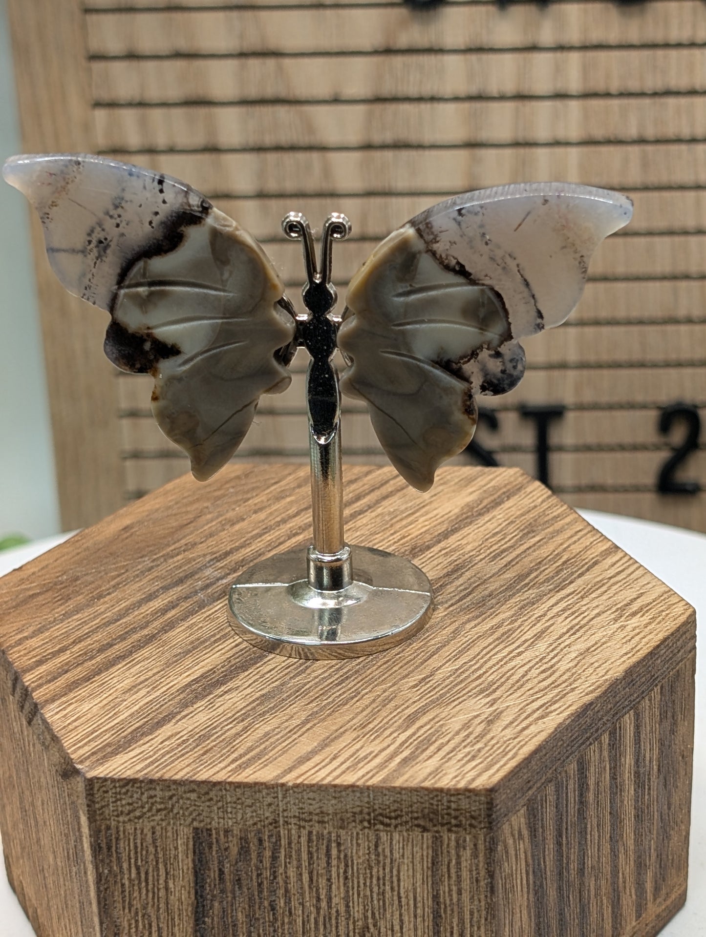 Natural Stone Butterfly Sculpture On Silver Stand