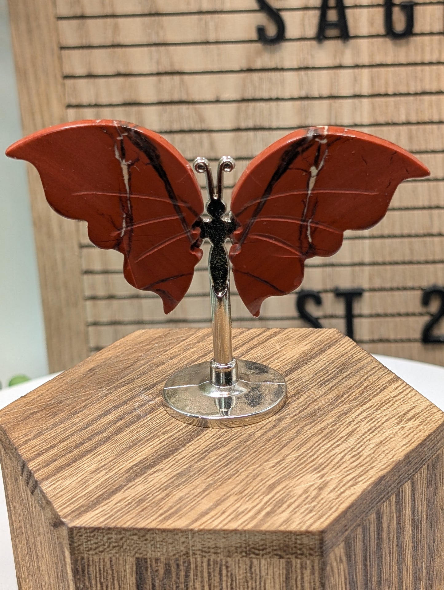 Natural Stone Butterfly Sculpture On Silver Stand