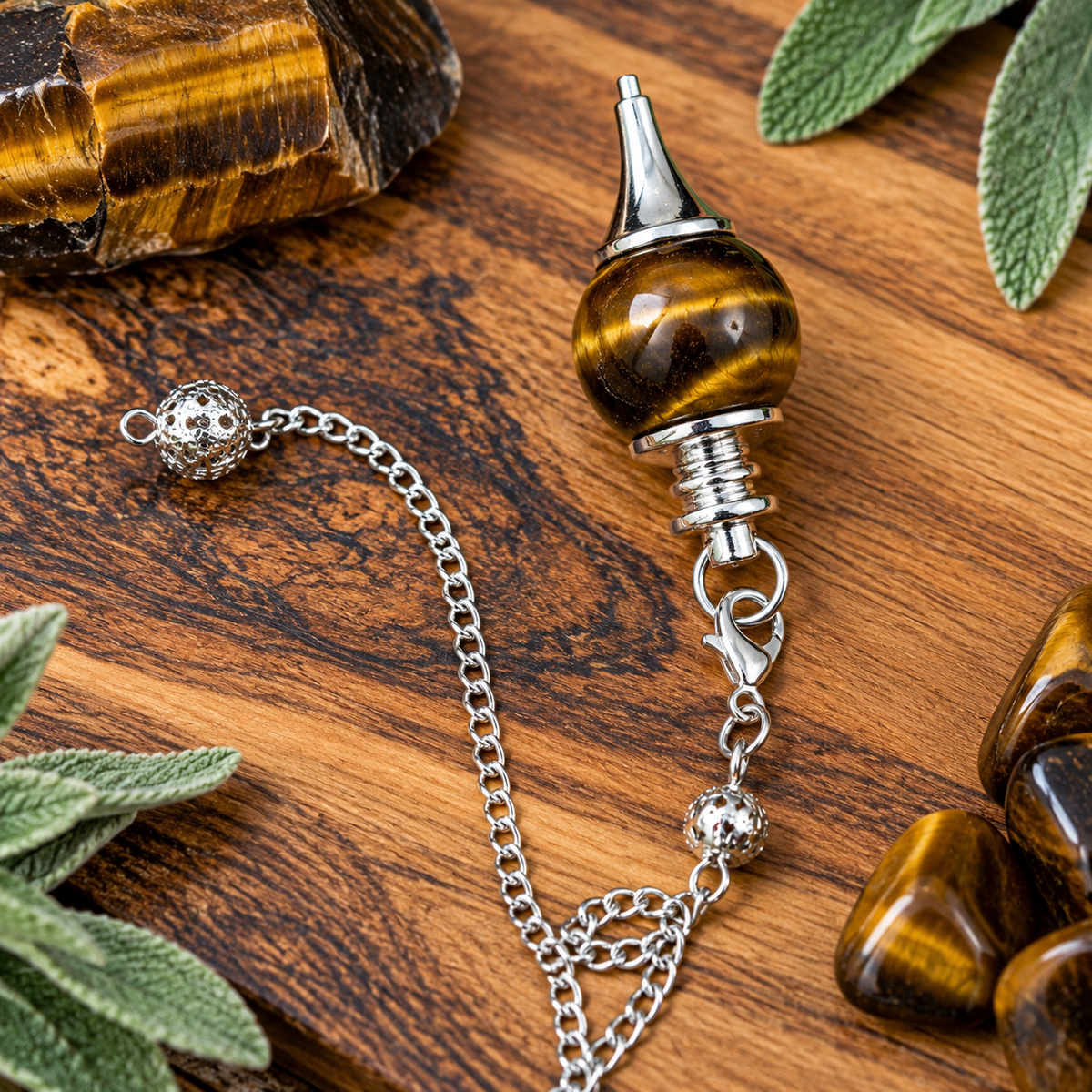 Tiger’s Eye crystal pendulum with golden brown banded stone and ornate silver metal chain