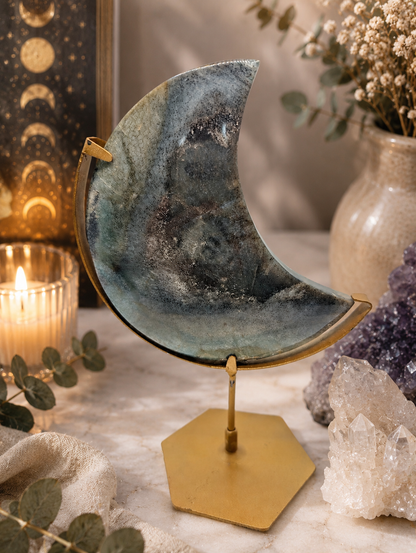 Trolleite Quartz Crescent Moon on Stand