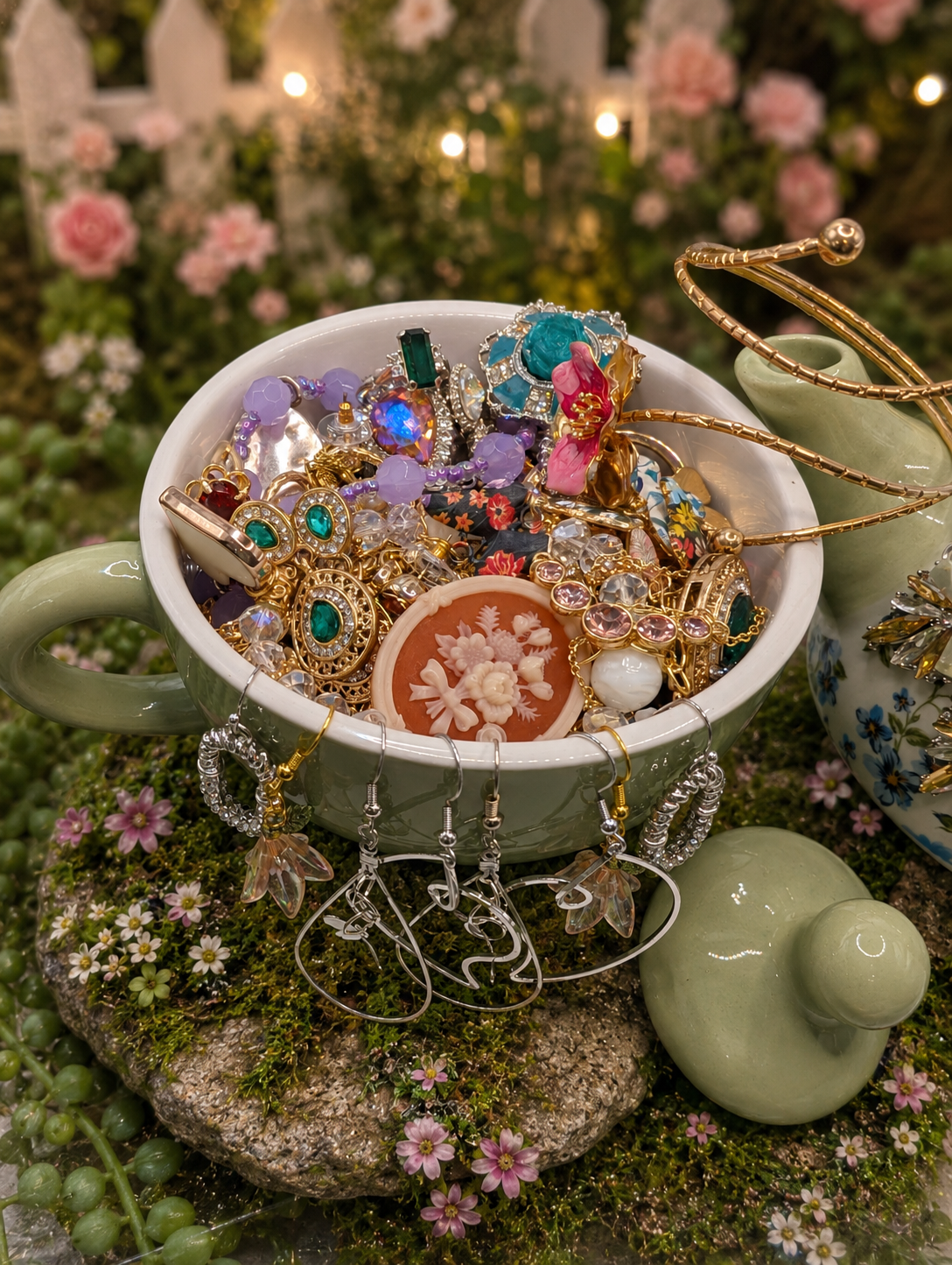 Whimsical Garden Tea Party Jewelry Jar
