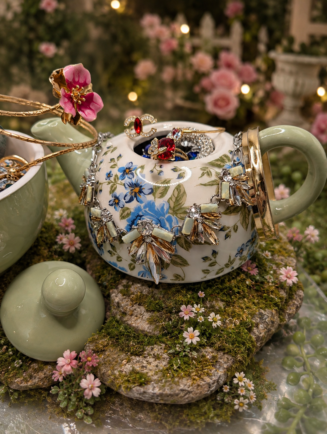 Whimsical Garden Tea Party Jewelry Jar