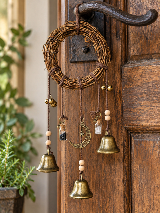 Witch Bells with Obsidian and Clear Quartz crystal bottles, crescent moon charm and bronze-colored bells hanging from a rustic door